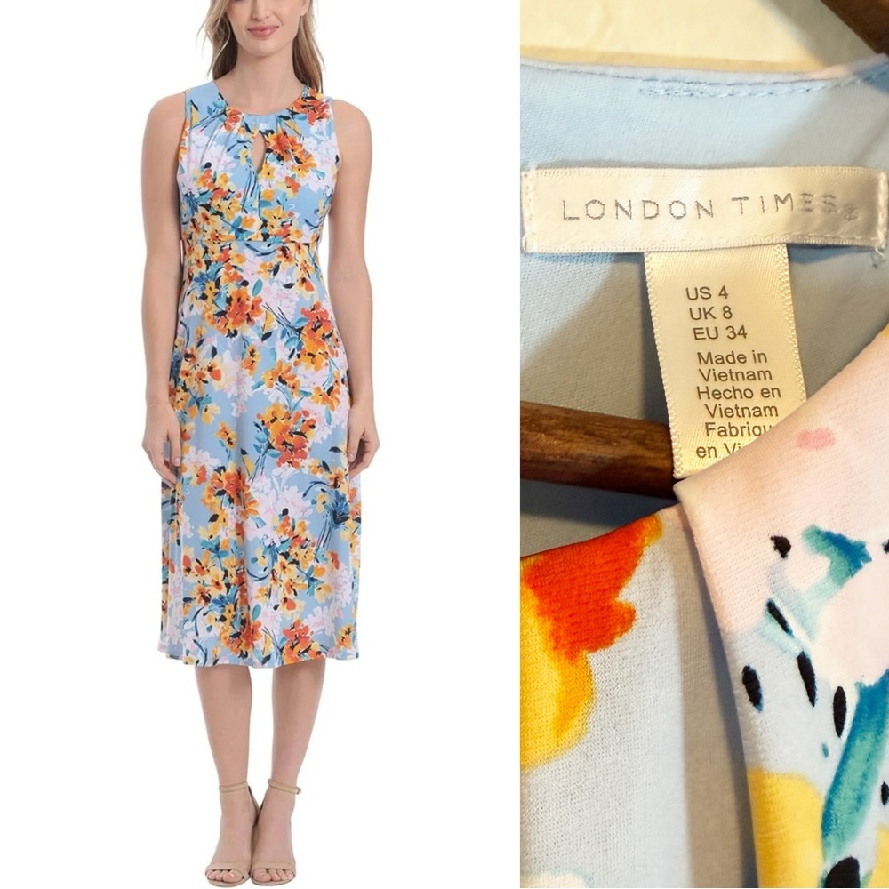 London Times Floral Midi Dress in Blue and Orange-Size 4-NWT